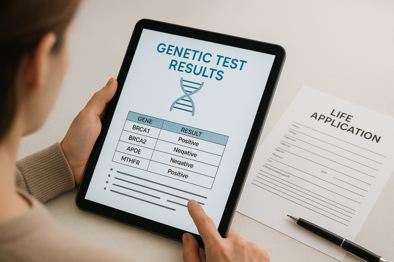 A person reading genetic test results on a tablet, with documents labeled “Life Insurance Application” nearby. A neutral, clean setting that suggests technology, privacy, and financial planning.
