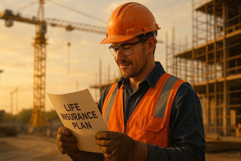 A construction worker in full safety gear standing confidently on a job site, reviewing paperwork labeled “Life Insurance Plan.” The background includes cranes or scaffolding, with a balance of professionalism and risk conveyed. Modern, realistic style with warm lighting.