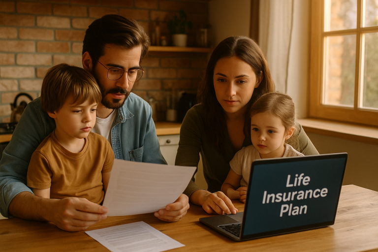 A young couple with children sitting together at a kitchen table, reviewing paperwork and a laptop screen labeled “Life Insurance Plan.” Warm, natural light, family-focused setting. A mood of calm and thoughtful decision-making.