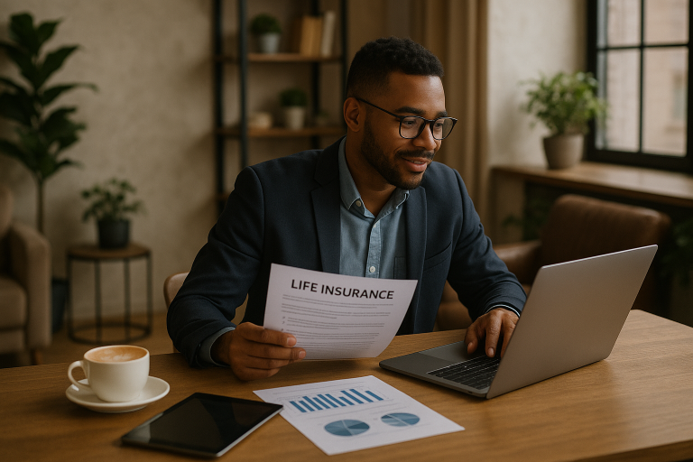 A confident, self-employed professional working from a stylish home office or coffee shop, reviewing life insurance documents on a laptop. Elements like a cup of coffee, tablet, and financial charts nearby. The setting should feel calm, productive, and financially proactive.