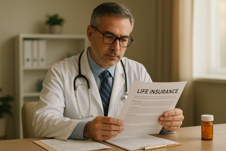 A calm, professional adult reviewing life insurance documents in a doctor’s office or home setting, medical records and a prescription bottle subtly in view. Lighting should be soft and reassuring, evoking trust and clarity.