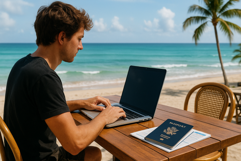 A digital nomad working on a laptop at a beachside café, with a passport and travel documents beside them, symbolizing the blend of work and travel. The background showcases a serene ocean view, emphasizing freedom and global connectivity.