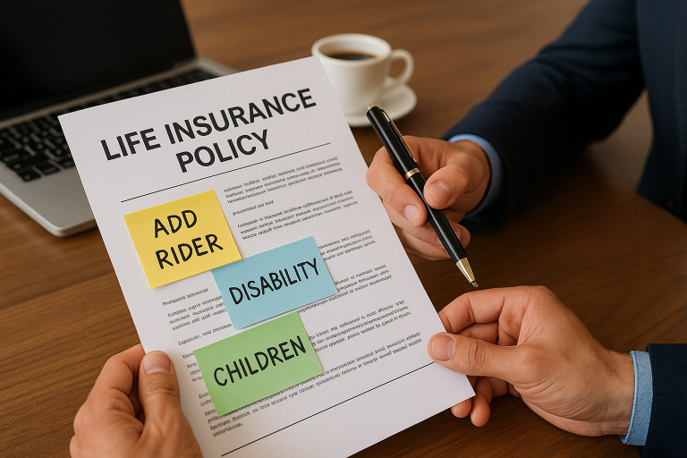 A close-up of a life insurance policy with labeled sticky notes reading “Add Rider,” “Disability,” and “Children.” A confident professional holds a pen, with a laptop and coffee nearby—setting conveys control, customization, and clarity.